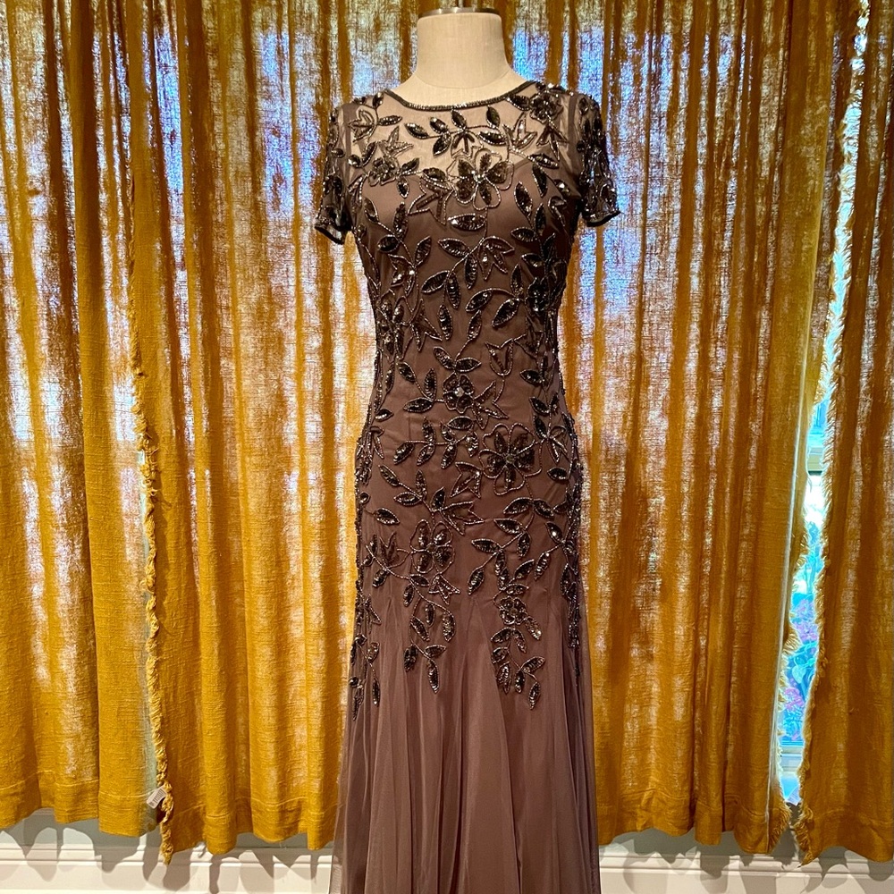Adrianna Papell Taupe Floral Embellished Maxi Dress